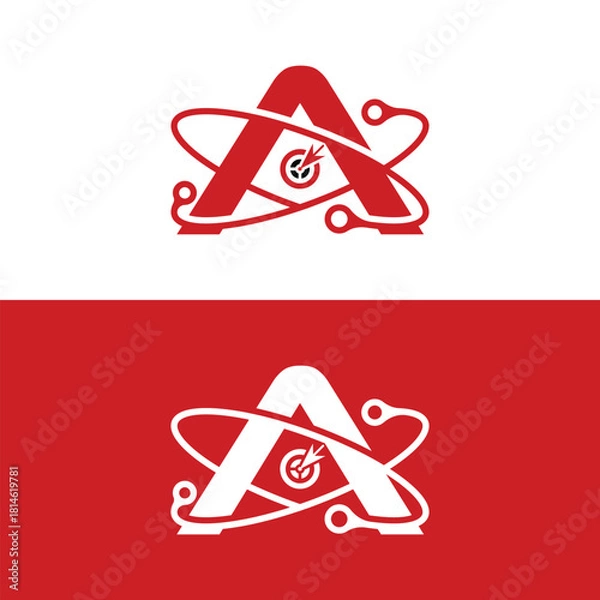 Fototapeta Modern atomic letter A logo design with orbiting elements on red and white, perfect for innovative brands and technology companies needing a bold icon
