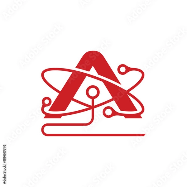 Fototapeta Striking letter A logo design with connected tech nodes in vibrant red, perfect for innovative brands and modern technology companies needing a strong visual identity