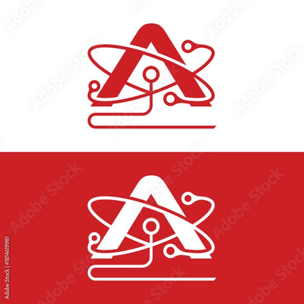 Fototapeta Modern technology logo design featuring letter A with circuit elements in red and white, great for innovative tech companies or startups