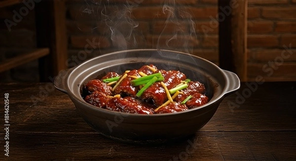 Fototapeta A steaming bowl of braised pork trotters with ginger and scallions, presented on a rustic wooden table.