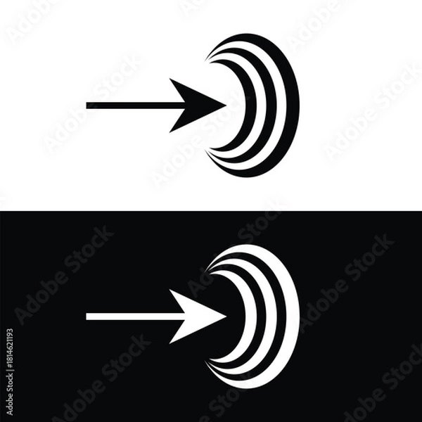 Obraz Dynamic arrow reaching crescent target, modern design for achieving goals and focusing energy, sleek black and white symbol for business solutions