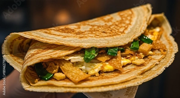 Obraz A delicious savory crepe filled with egg, crispy wontons, and scallions.