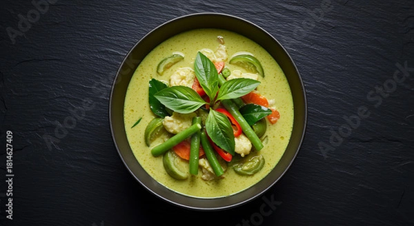 Fototapeta Green curry with chicken and vegetables in a dark bowl