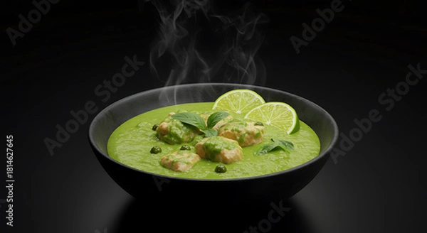 Fototapeta Steaming green soup with meatballs and lime slices