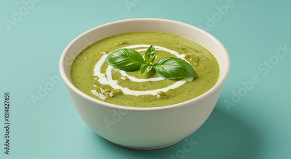 Fototapeta Green soup with cream swirl and basil leaves bowl