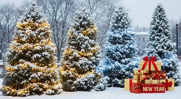 Obraz Decorated Christmas Trees in Snowy Landscape with Gifts