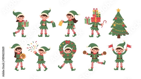 Fototapeta Merry Elves in Action: A lively depiction of cheerful elves engaged in various festive tasks, embodying the joyful spirit of the holiday season, with gifts and decorations. 