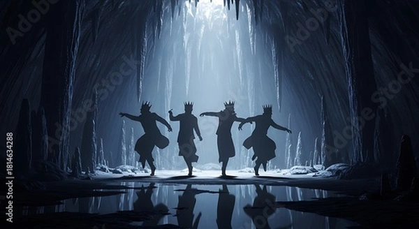 Obraz Silhouettes of four figures wearing crowns dancing in an ice cave