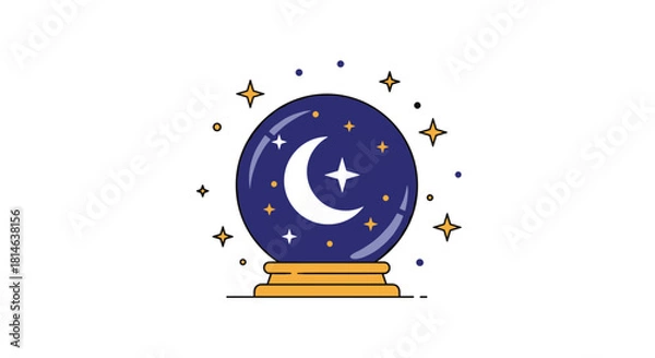 Obraz A simple and magical crystal ball icon with a crescent moon and stars inside surrounded by sparkling lights on a golden stand.