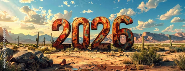 Fototapeta Large rusted “2026” numbers stand in a sunny desert landscape surrounded by cacti, rocks, and distant mountains under a bright sky.