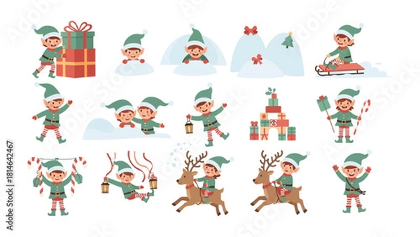 Fototapeta Whimsical Elf Delights: A collection of delightful elf illustrations, each portraying a unique festive activity. These charming creatures add a touch of playful joy to any holiday-themed project.
