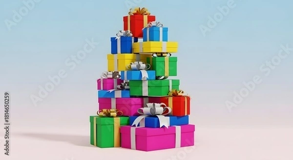 Fototapeta Stack of colorful gift boxes wrapped with ribbons on light blue background