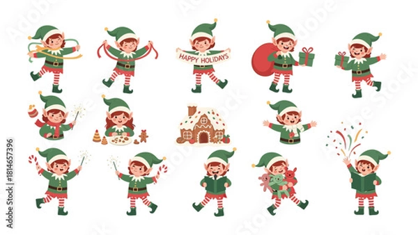 Fototapeta Festive Elves Collection: A delightful collection of playful elves, each brimming with Christmas cheer and holiday spirit, is ready to spread joy and create a whimsical festive atmosphere.