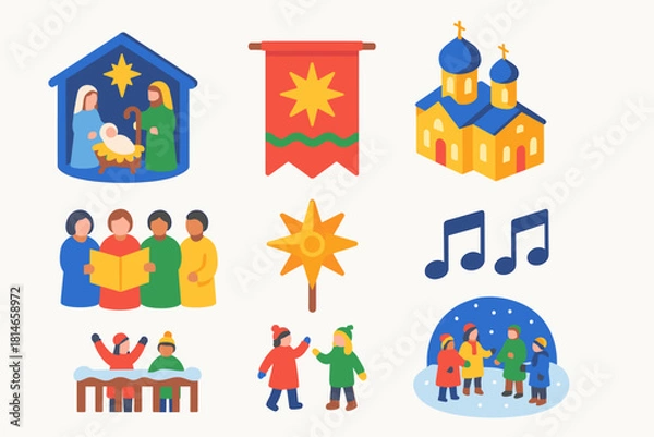 Fototapeta Orthodox Christmas Icons. Orthodox Christmas Cultural Festivity flat icon set: nativity performance, festive banners, illuminated church, traditional choir, wooden star, music