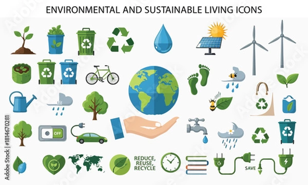 Obraz Collection of environmental and sustainable living icons on white background