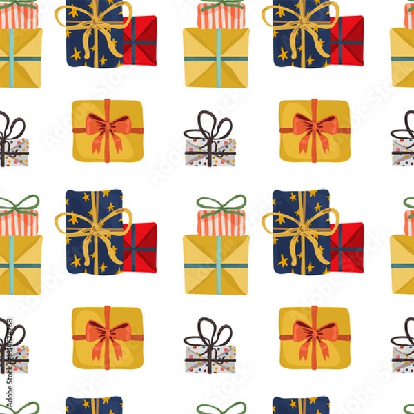Obraz Seamless pattern of presents with bows on them on a white background