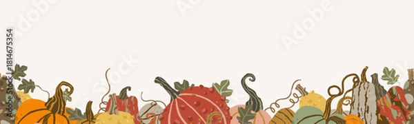 Fototapeta Seamless border of pumpkins with leaves and stems