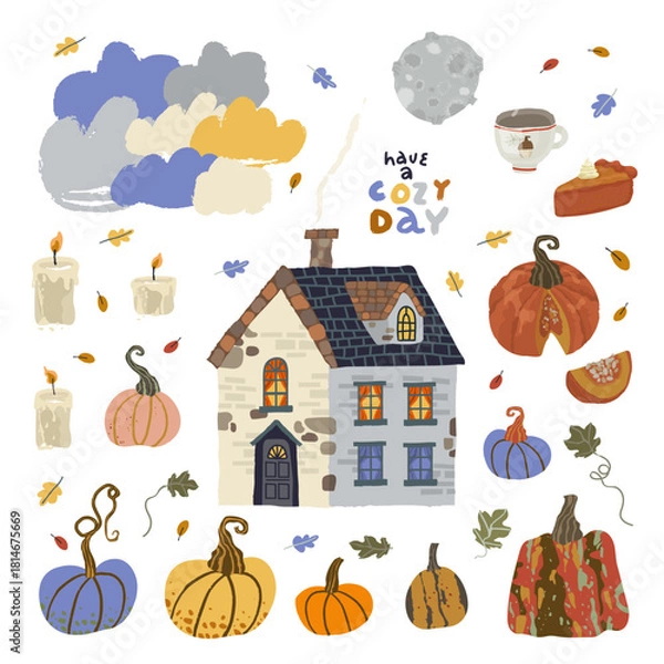 Obraz Autumn set of vector illustration of cozy house with a chimney and clouds moon pumpkins candles pumpkin pie mug leaves