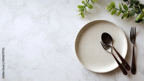 Obraz Minimalist dining setting with speckled plate and dark cutlery image