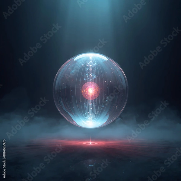 Obraz Glowing Blue Sphere with Red Core over Misty Surface