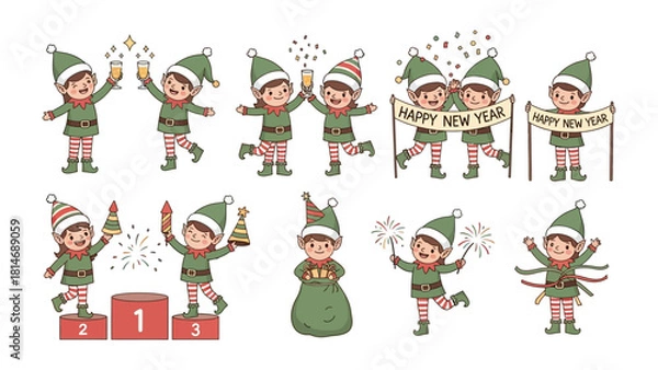 Fototapeta Joyful Festive Elves Celebrating: Animated elves in festive attire joyfully celebrate Christmas and New Year with a variety of holiday props, including champagne, a banner, and sparklers.