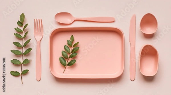 Obraz Pink flatware and dishware arranged with green leaves flat lay knolling