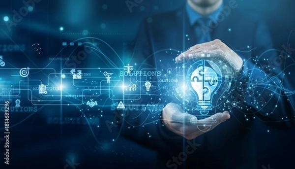 Fototapeta Digital solution concept, man holding glowing puzzle lightbulb Vector