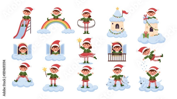 Fototapeta Whimsical Christmas Elf Set: A collection of delightful cartoon elves, each engaged in playful activities. Featuring elves on slide, rainbow, tower with cloud and more. Capturing the spirit of joy.