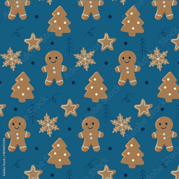 Obraz Cute Gingerbread Christmas Pattern on Blue Background
