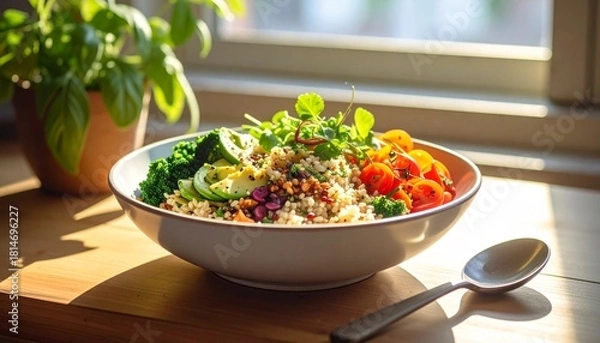 Fototapeta A nourishing bowl arranged with grains, vegetables, herbs and warm sunlight creating a fresh balanced food moment.