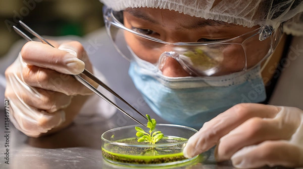 Obraz Scientist carefully handles small green plant specimen with tweezers in laboratory image