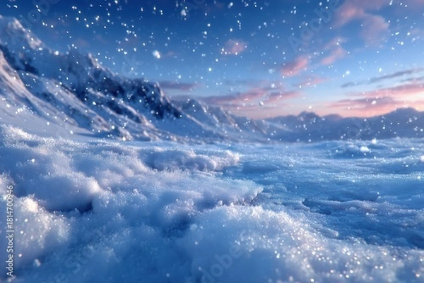 Fototapeta Snowy landscape under pink dusk sky, dreamy winter valley radiating calm and introspection, perfect for travel or mindfulness visuals