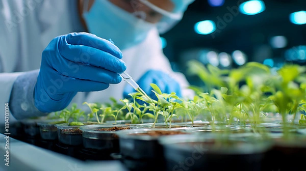 Obraz Scientist tending to seedlings in laboratory research plants