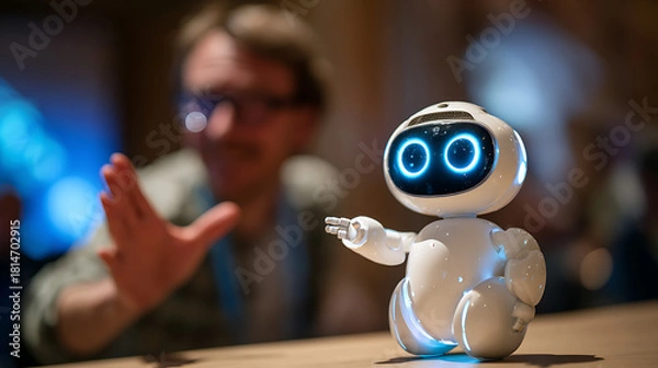 Obraz Small white robot with glowing blue eyes interacting with a person artificial intelligence technology
