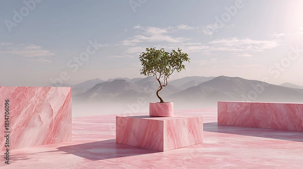 Obraz Surreal pink marble landscape with solitary tree and misty mountains minimalist