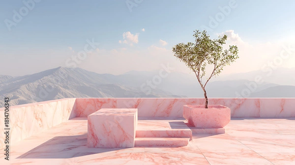 Obraz Surreal pink marble terrace with tree and distant mountains planter steps