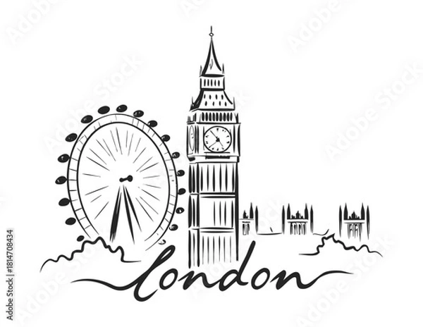 Fototapeta Hand drawn Sketch Style London City Skyline Landmark Building Illustration