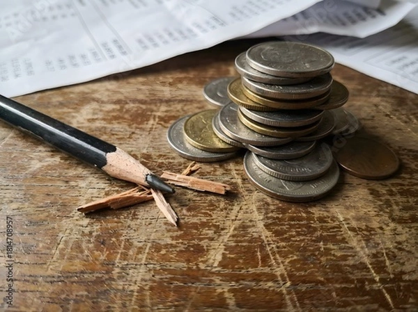 Obraz Broken Pencil Tip Next to a Stack of Coins on Wooden Surface