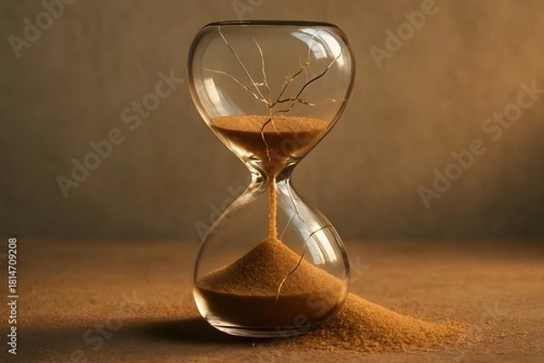 Obraz Cracked hourglass with sand spilling onto a surface showing time decay