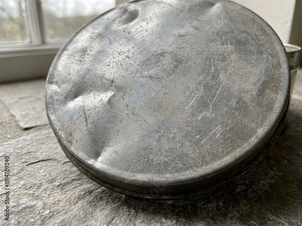 Obraz A Dented and Worn Tin Lid with Scratches and Rough Texture