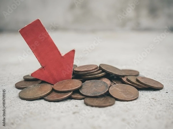 Obraz Red arrow pointing downward near tarnished pennies signifying loss