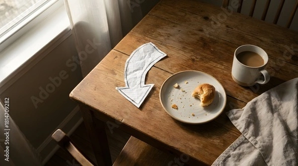 Obraz A paper arrow pointing to a minimal breakfast plate on wooden table