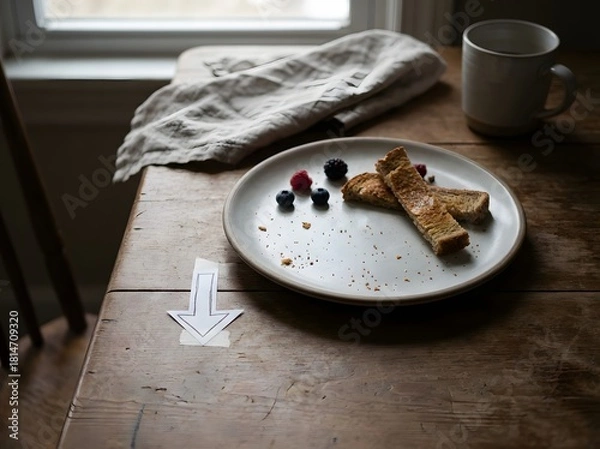 Obraz Breakfast plate with toast berries and an arrow on wooden table