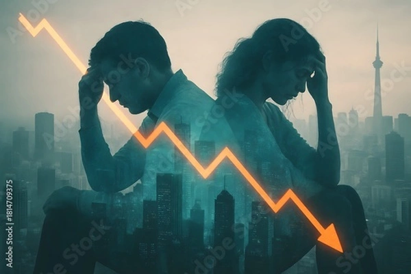 Obraz Silhouette couple with downward graph reflecting financial stress