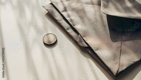 Obraz Metallic Token Beside Folded Fabric in Natural Light