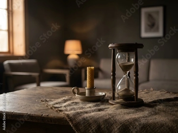 Obraz Hourglass beside an unlit candle on a textured table top