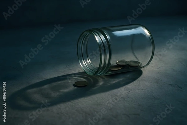 Obraz Glass jar with coins inside laying on its side creating shadows