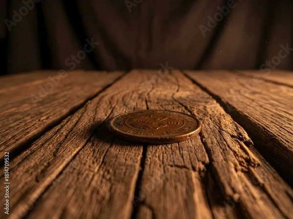 Obraz Loose Metal Coin Resting on a Cracked Wooden Surface