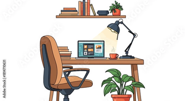 Obraz Inspiring workspace with laptop, books, and cozy lamp perfect for boosting productivity and creative work, promoting focus and serene ambiance