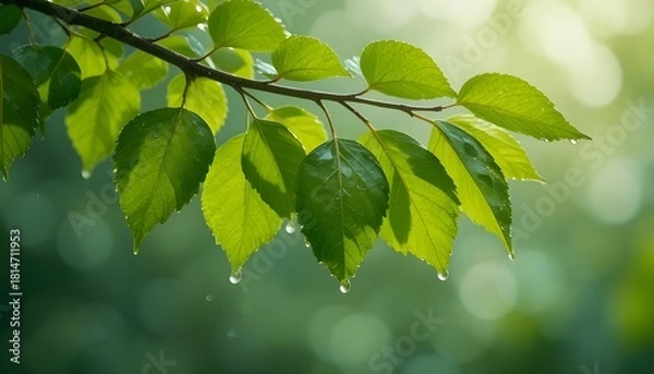 Fototapeta the fresh green leaves hanging from the branch of the translucent water droplets falling from leaves 